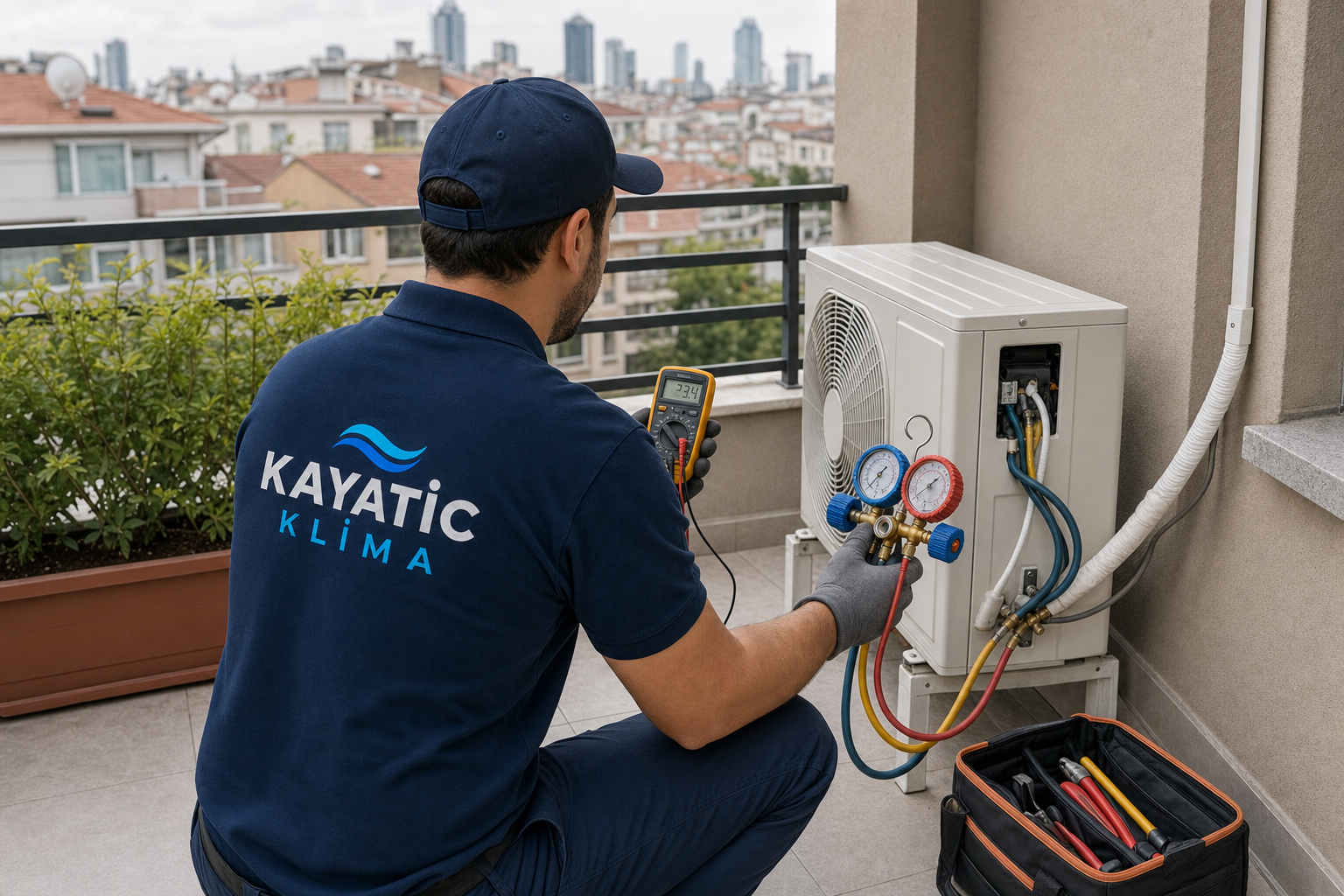 Midea Klima Servis üniformalı teknisyenin klima arıza tespiti yaptığı marka görseli
