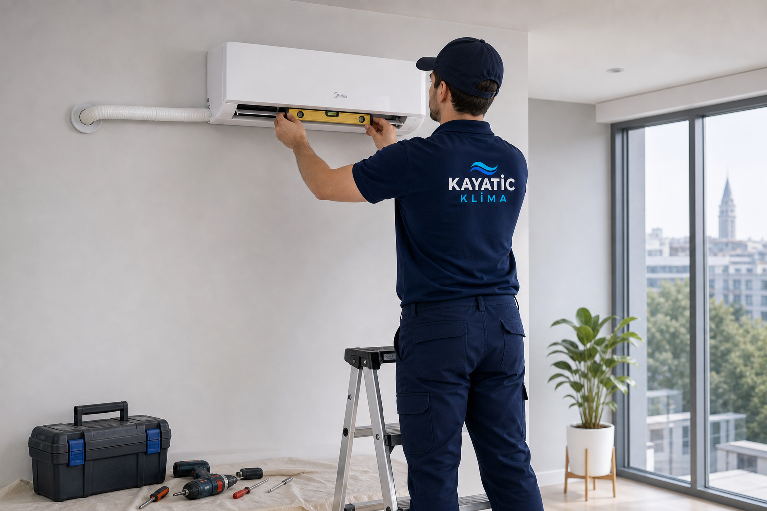 Midea Klima Servis üniformalı teknisyenin klima kurulum kontrolü yaptığı marka görseli
